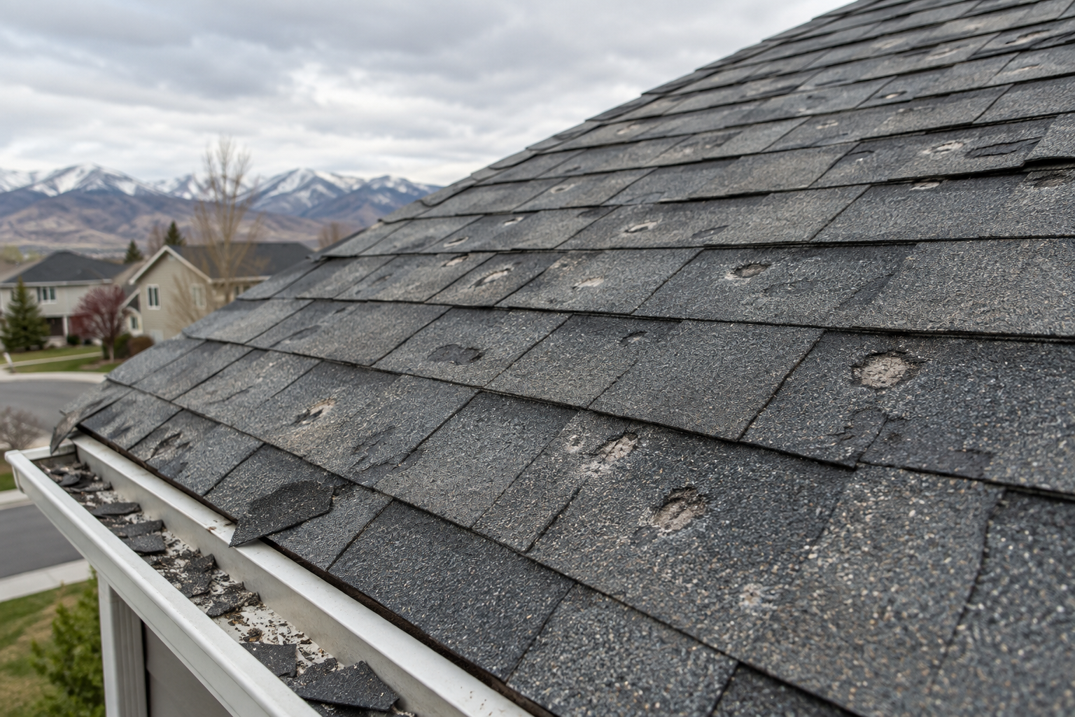 Hail damage across a Utah roof with broken shingles and exposed roofing materials