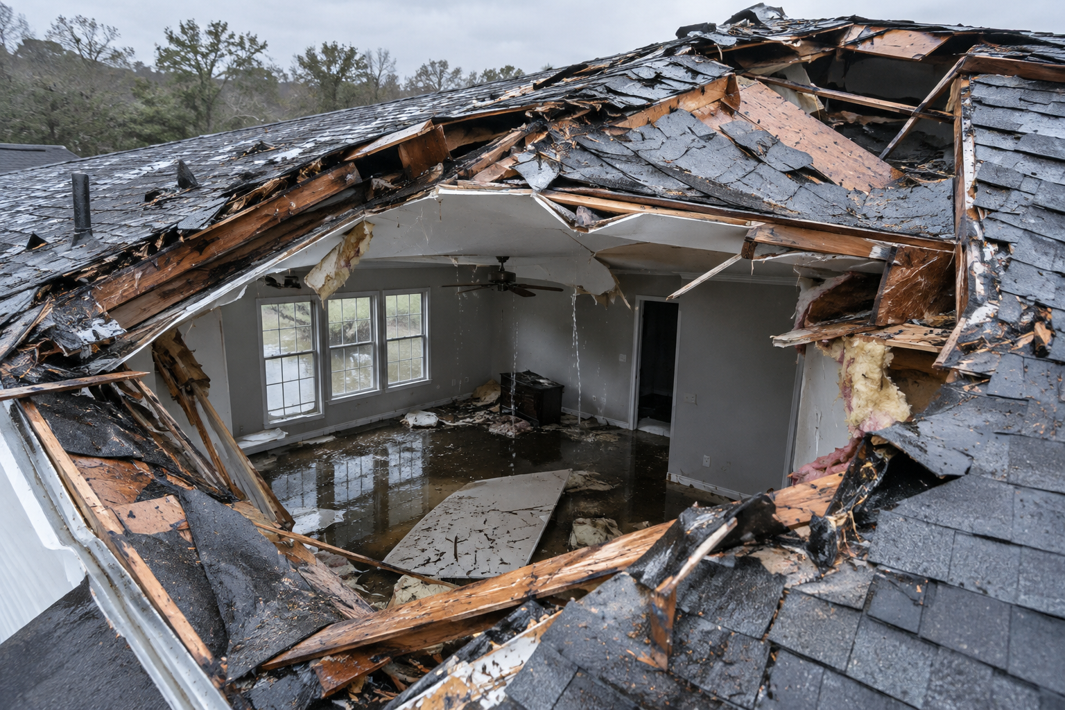 Roof collapse causing interior flooding after severe storm damage
