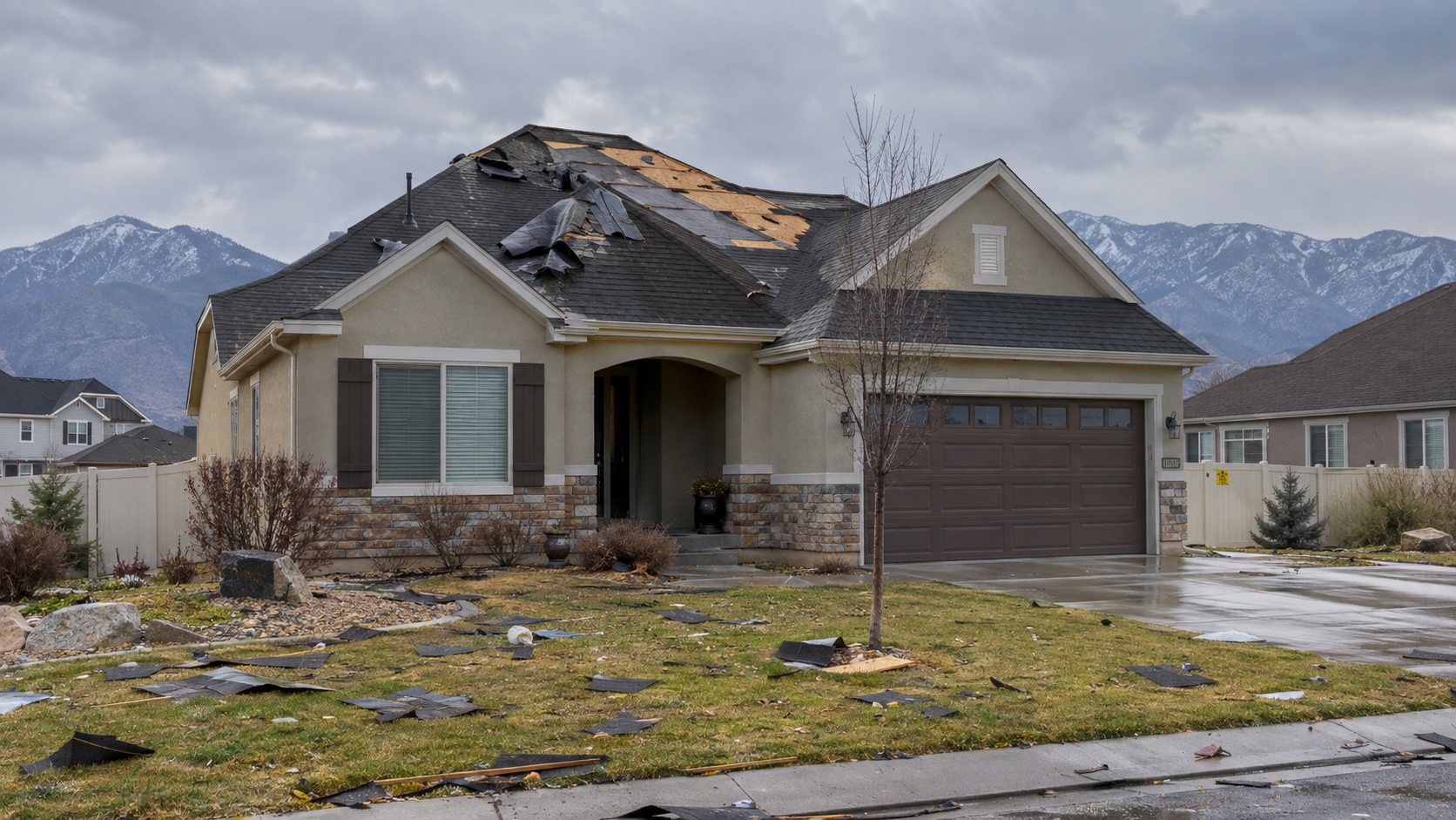 Wind damage rolling back roofing materials on a Utah home